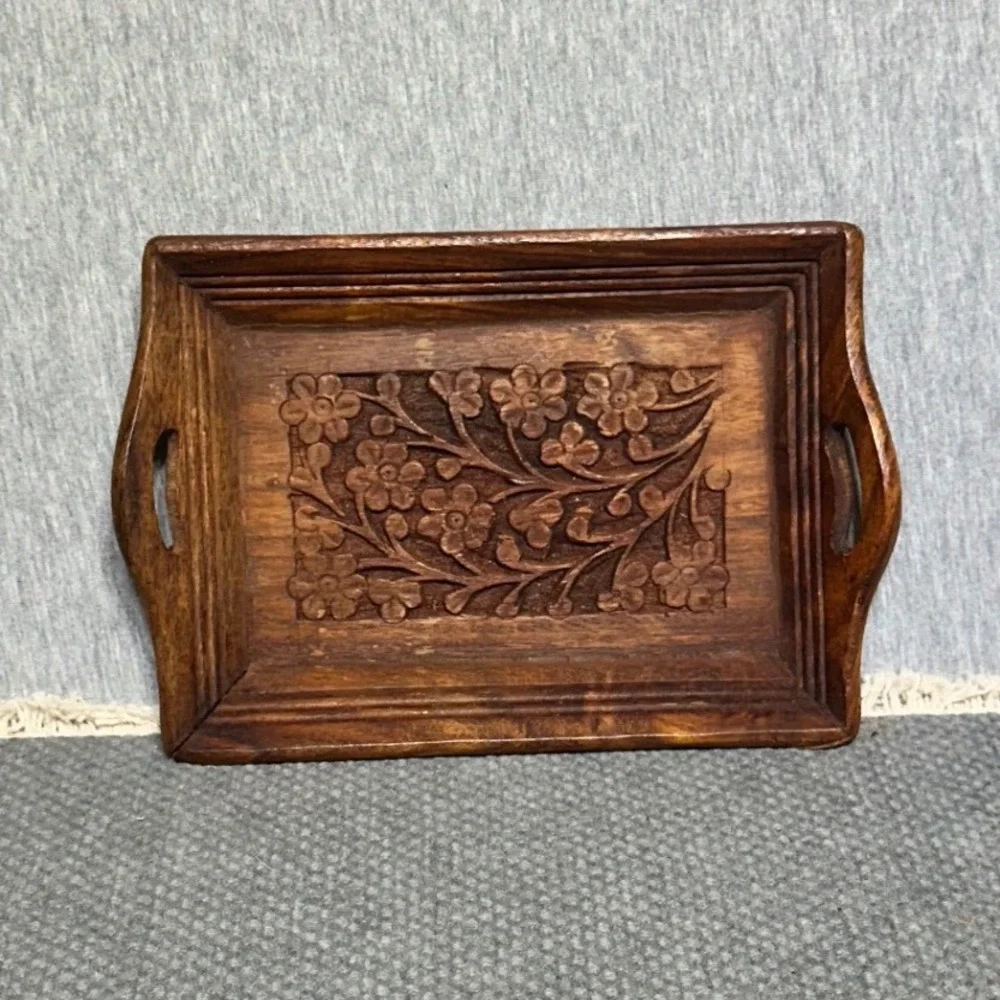 VTG Hand Carved Floral Wood Serving Tray Small Rectangular Handle Platter